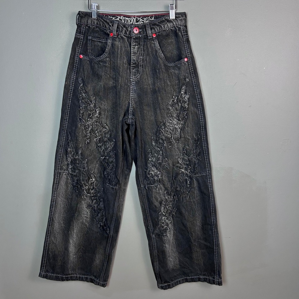 Y2K Vitriol Jeans Mens 31 X 28 Ultra-Wide Baggy Black Goth Distressed Rave